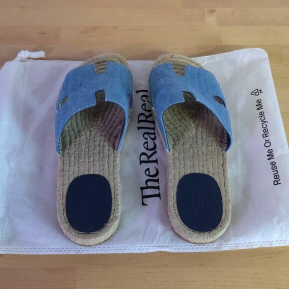 Hermès Antigua Mens Denim & Leather Espadrilles Sandals EU 44/US 11 - Picture 4 of 7